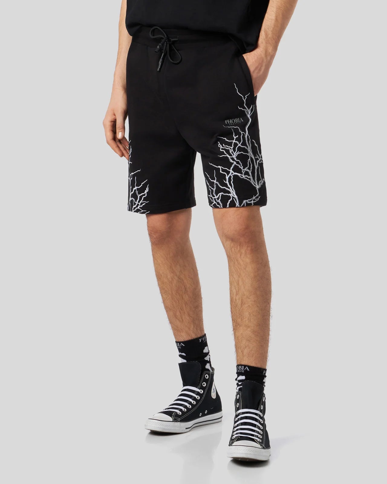 PHOBIA PANTALONCINI NERI CON FULMINI RICAMATI GRIGI
