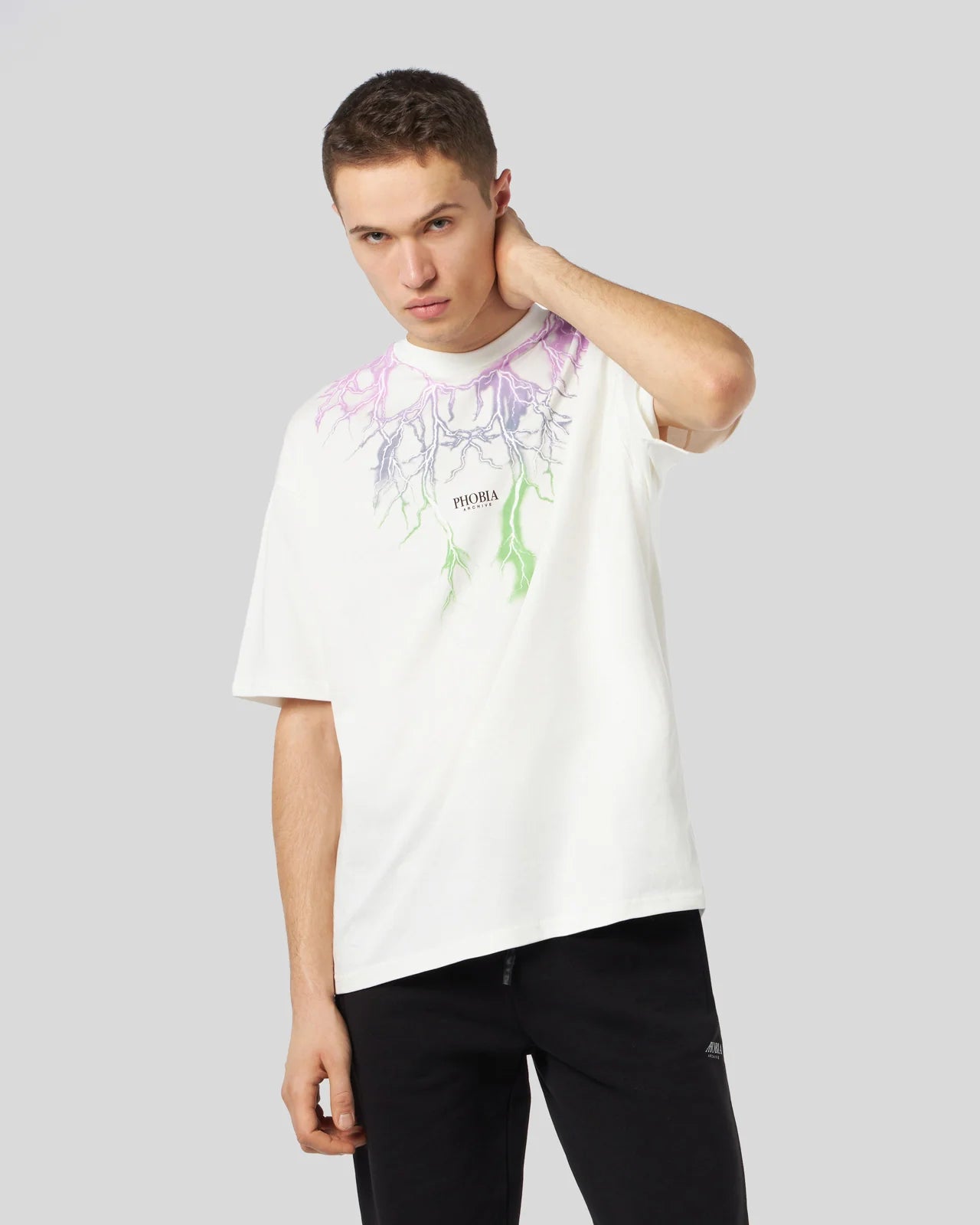 PHOBIA T-SHIRT BIANCA CON FULMINI BICOLORE VIOLA E VERDE