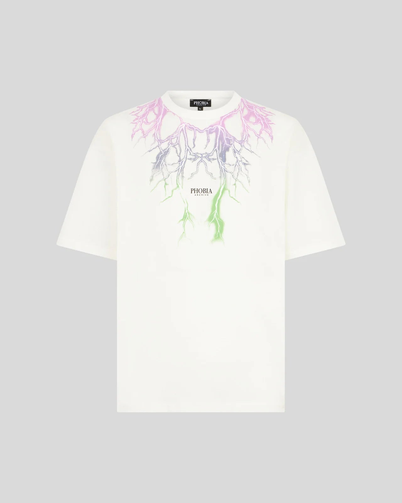 PHOBIA T-SHIRT BIANCA CON FULMINI BICOLORE VIOLA E VERDE
