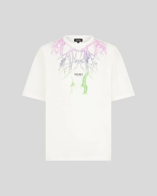 PHOBIA T-SHIRT BIANCA CON FULMINI BICOLORE VIOLA E VERDE